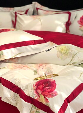 玫瑰红色结婚庆i四件套120支全棉纯棉被套床单婚房床上用品4件套