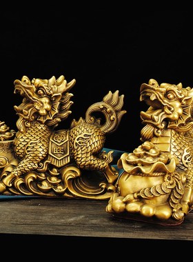 纯铜麒麟摆件一对大号聚宝盆麒麟客厅玄关家居R办公室桌面装饰礼