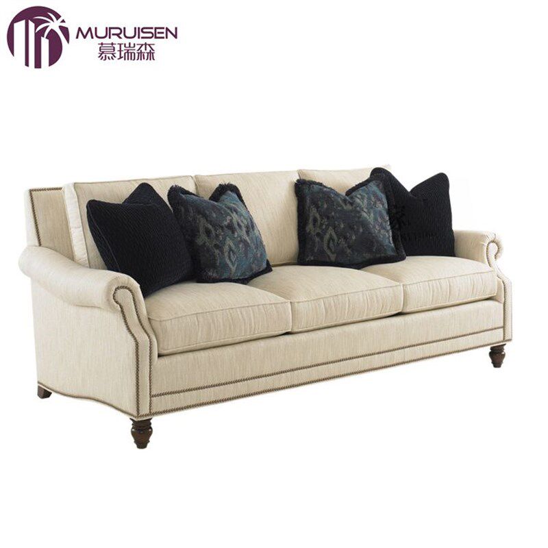 现代美式乡村简美三人位客厅米白色布艺沙发欧式实木两人沙发定制