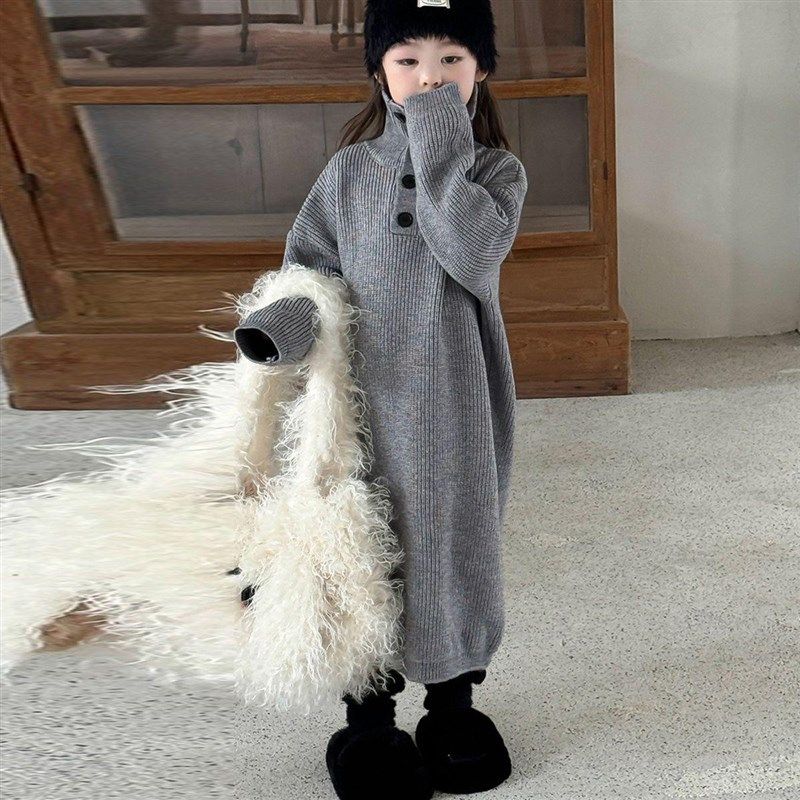 韩版女童2024秋冬新款灰色坑条高领长袖连衣裙女宝宝中长款毛衣裙,童装/婴儿装/亲子装,连衣裙,淘宝优惠券,粉丝福利购,淘宝优惠卷