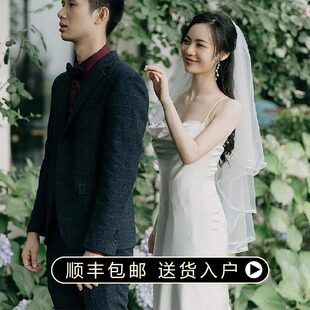 新娘白色缎面包边短长款新娘头纱女结婚拍照写真道具婚纱头饰新款