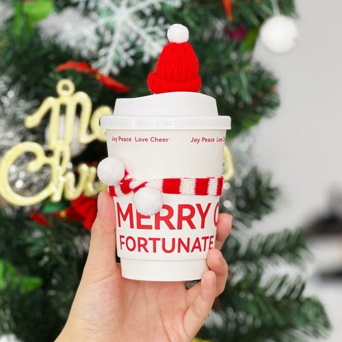 圣诞节装饰迷你圣诞帽围巾一次性奶茶杯咖啡杯子热饮杯外带打包杯
