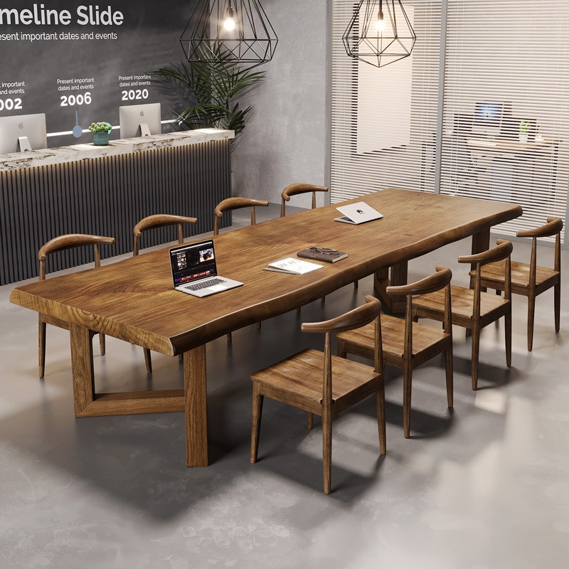 美式全实木办公桌椅公司职员培训电脑桌办公室洽谈会客大型会议桌