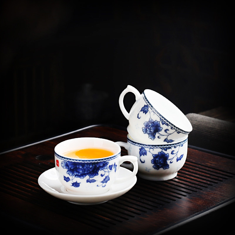 家用青花陶瓷带把小号茶杯防烫有耳功夫品茗主人杯单杯敬茶碗底碟