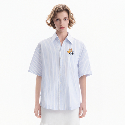 2025春季新款蓝白条纹短绣衬衫
