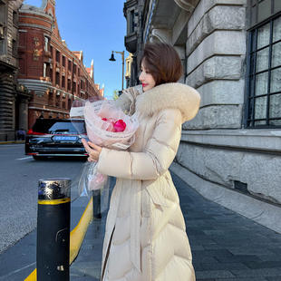 韩版2025新款羽绒服女中长款高端狐狸毛领过膝宽松显瘦白鸭绒外套