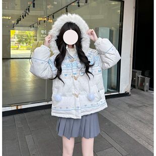 布丁熊少女装费尔岛雪花小猫连帽毛领羽绒服女白色短款保暖外套
