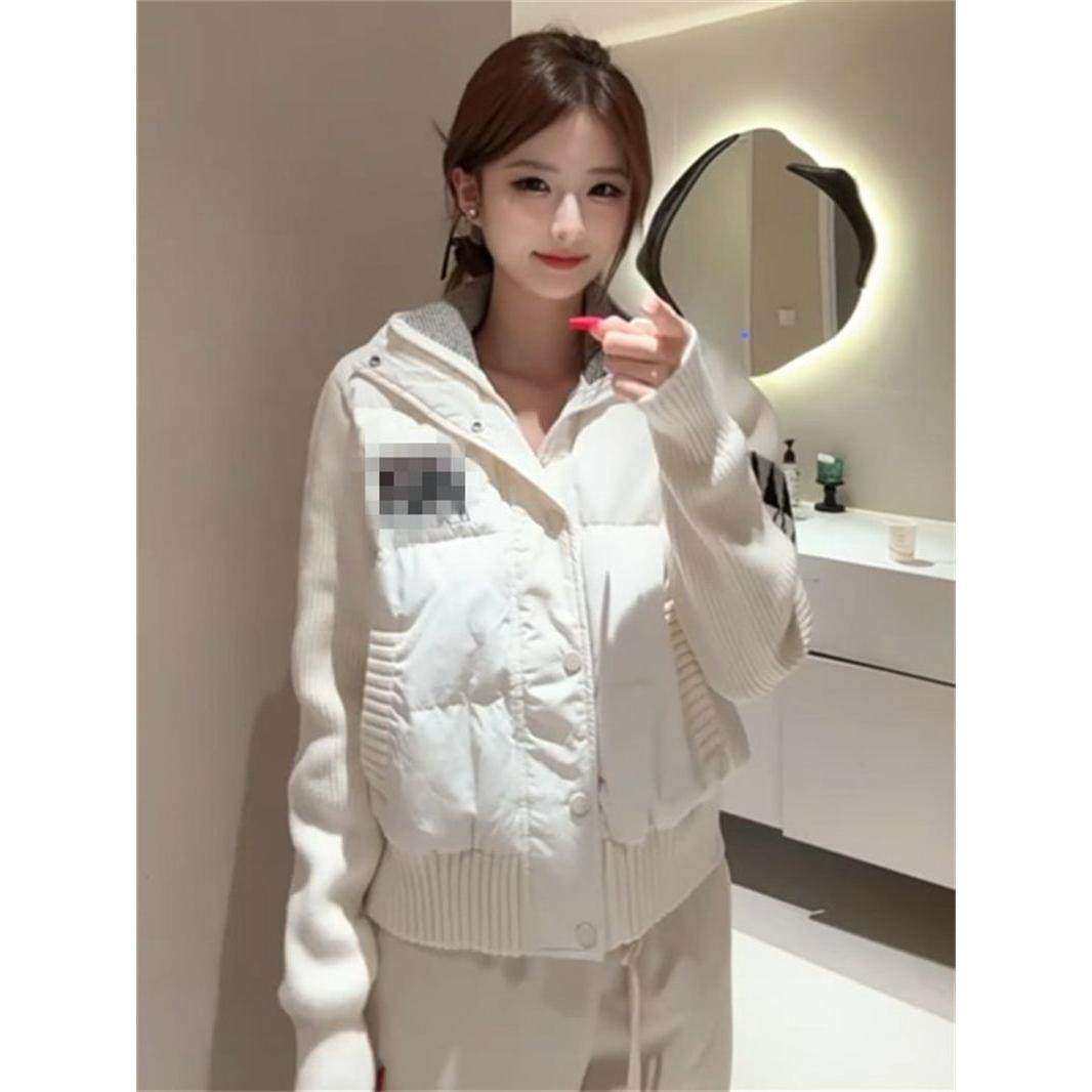 独特设计感拼接针织棉服女冬季连帽收腰保暖短款百搭外套上衣