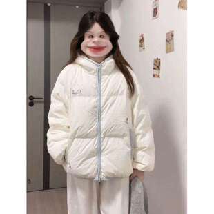 韩版白蓝撞色拼接连帽条纹面包服女冬季新款百搭宽松学生棉服外套