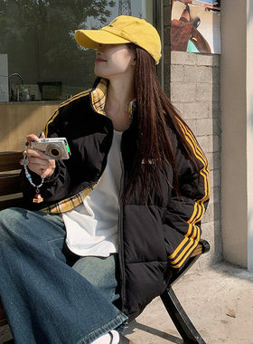 实拍麻瓜织带条纹棉服男女款冬季加厚情侣格子拼接棉衣立领面包服