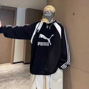 奥特莱斯2024秋冬季纯棉运动卫衣男加绒加厚潮流百搭圆领条纹上衣