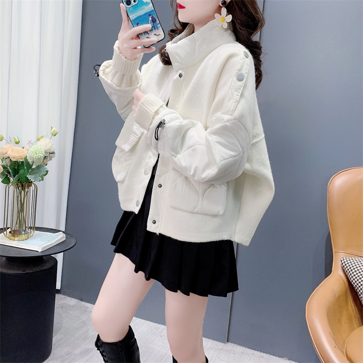 设计感拼接毛衣开衫女棉服2024秋E冬季新款韩系慵懒风短款针织外