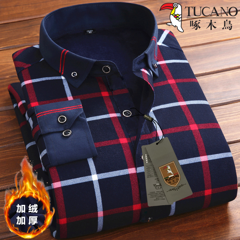 啄木鸟新款男士红色格子保暖衬衫男装加绒加厚蓝色弹力长袖衬衣
