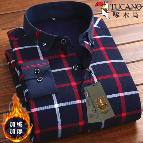 啄木鸟新款男士红色格子保暖衬衫男装加绒加厚蓝色弹力长袖衬衣