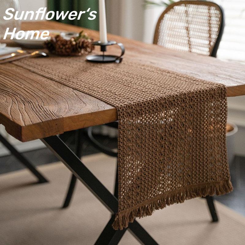 复古棕编织流苏棉麻桌旗桌布茶几餐垫桌垫派对拍照背景布原木风