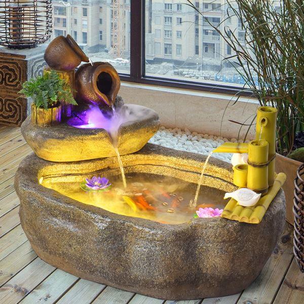 新中式户外假山流水喷泉庭院花园阳台景观水车轮招财鱼池造景摆件