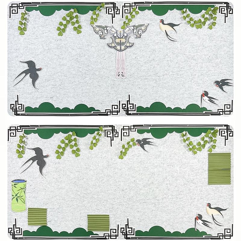 春天中式国风绿色水墨竹子云肩主题墙贴毛毡幼儿园环创背景墙材料