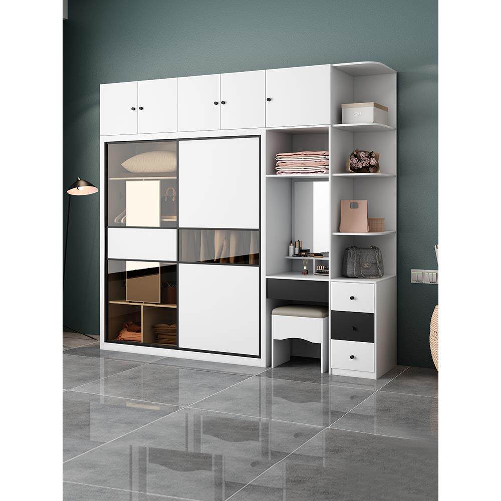 简约现代衣柜梳妆台一体推拉门衣柜白色玻璃门衣柜家用卧室大衣橱