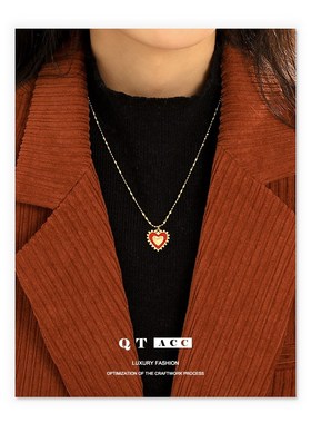 高保色真空电镀真金/白金色 新年系列红色滴油爱心锆石项链项饰女