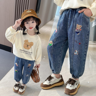 V秋款 女童老爹裤 子中小童长裤 春秋裤 宝宝束口 洋派儿童刺绣牛仔裤