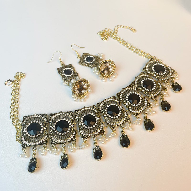 复古镶钻黑色珍珠流苏项链女气质个性方形金属锁骨链耳环民族风