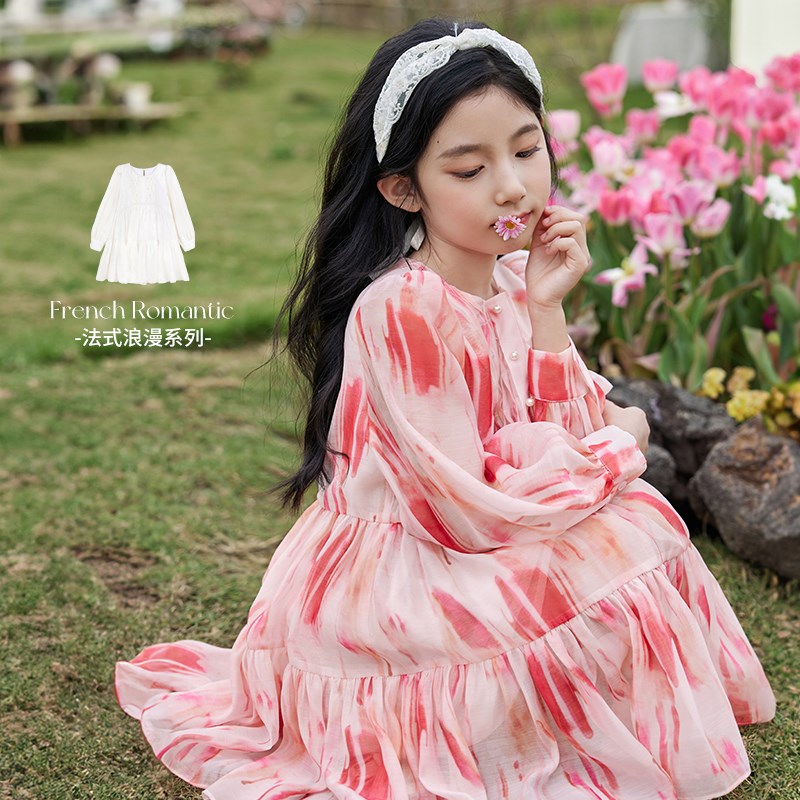 陈大猪女童早春连衣裙202u5新款高级法式晕染洋气儿童裙子海边度