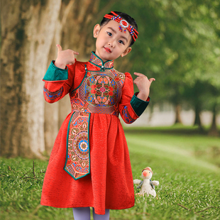 儿童女蒙古服饰高端私人礼演出服定制民族A字裙连衣公主裙蒙古袍