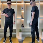 男士 弹力个性 短袖 T9963夏季 长裤 修身 烫钻印花圆领休闲运动套装 潮