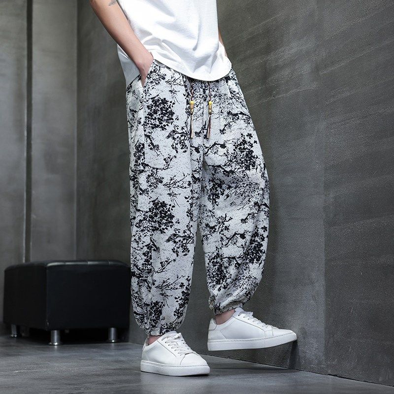夏季薄款冰丝凉感中国风印花宽松男士大码阔腿九分裤休闲直筒哈伦,男装,休闲裤,淘宝优惠券,粉丝福利购,淘宝优惠卷
