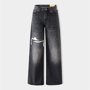 冬季女装烟灰色直筒牛仔裤假破洞补丁无弹力硬朗面料W显瘦时尚女