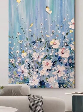 手绘油画客厅沙发小众立体装饰画蓝白色抽象花卉肌理刀画玄关挂画