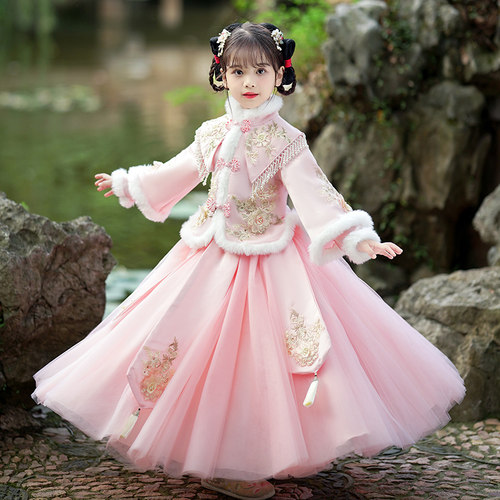 女童汉服秋冬新款k古装拜年服加厚儿童唐装冬季中国风女孩古风裙