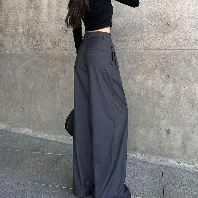 韩国灰色西装阔腿裤女春秋2024新款高腰垂感显瘦拖地裤直筒裤裤~