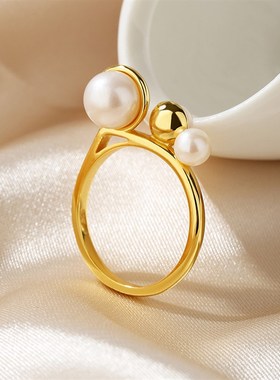 正圆强光基本无暇天然淡水珍珠戒指女小众高级感纯银个性食指指环