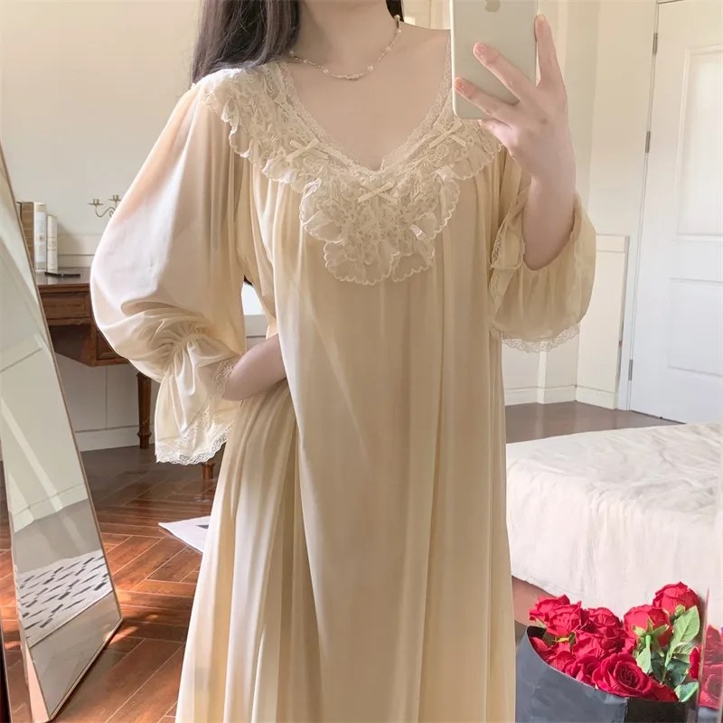 超大码小个子甜美300斤睡裙蕾丝边DV领长袖睡裙睡衣胖妹妹家居服