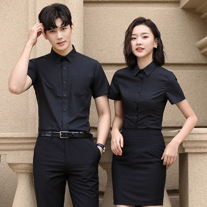 黑色衬衫男短袖夏季工装抗皱免烫修身职业装衬衣黑裤子工作服套装,男装,衬衫,淘宝优惠券,粉丝福利购,淘宝优惠卷