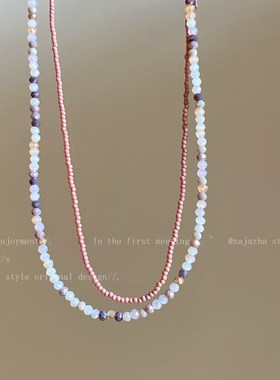 夏日度假风彩色串珠项链女双层叠戴气质锁骨链甜妹设计感个性颈链