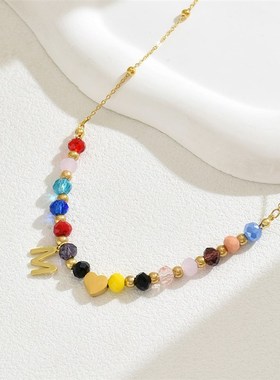 甜美小清新女士项链长款爱心字母设计锁骨链百搭森系串珠颈链