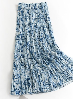 蓝色水墨印花松紧腰褶皱显瘦A字夏季新F款百搭半身裙女裙长裙D421