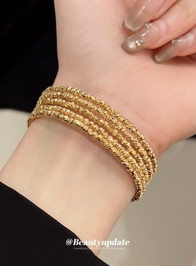 真金电镀碎银串珠五层开口手镯金属感轻奢个性手环气质百搭手饰女