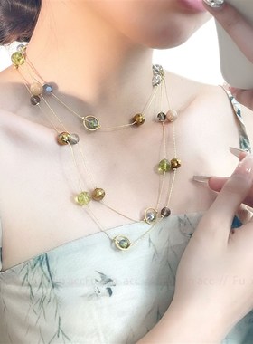 新中式复古绿棕金圆珠超长可多层叠戴项链女轻奢小众设计精致项饰