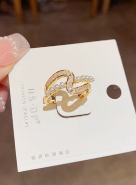 戒指女轻奢小众设计感锆石珍珠交叉戒指简约冷淡风个性精致指环