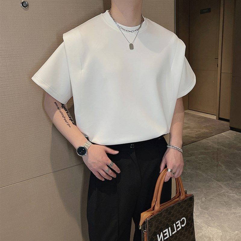 高级感假两件t恤潮男穿搭宽松短袖层次立体设计感垫肩半袖体恤衫,男装,T恤,淘宝优惠券,粉丝福利购,淘宝优惠卷