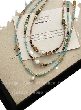 米珠天然石淡水珍珠锁骨链新中式复古蓝色藏式鼓盘项链女