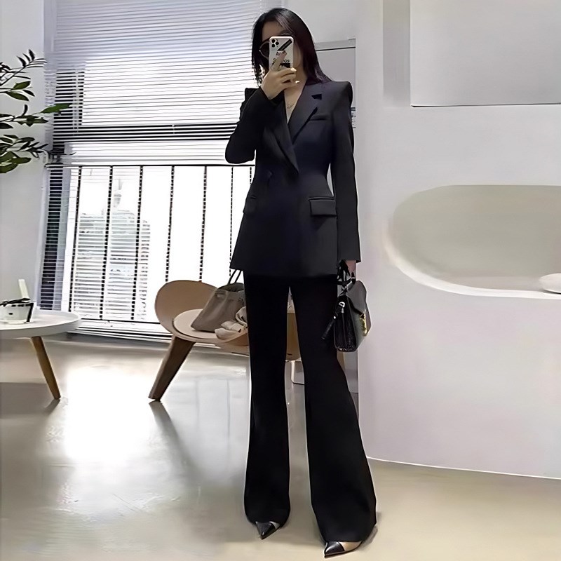 大码女装通勤西装套装黑q色收腰显瘦长袖西服胖mm职业微喇裤两件