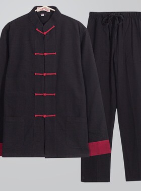 中国风唐装男式青年汉服长衫立领盘扣套装休闲民族太极练功服大码