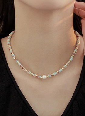 寿山石项链女轻奢小众多巴胺串珠锁骨链新款爆款天然珍珠颈链