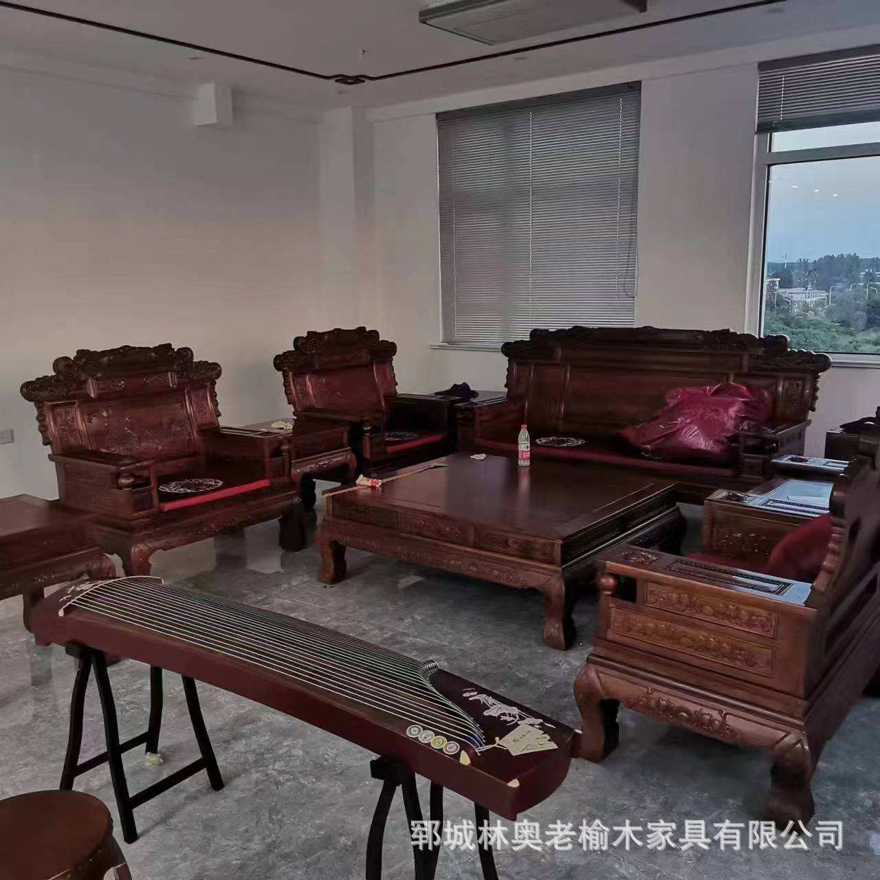 中式老榆木沙发组合三人位榆木古典农村客厅全套木制雕刻沙发
