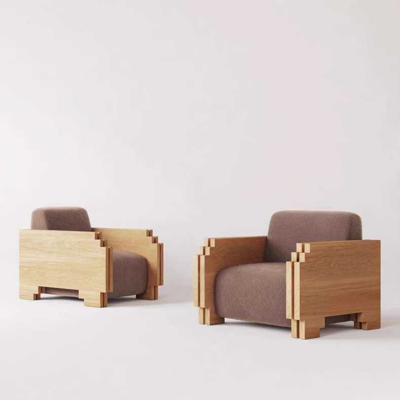 创意客厅小户型几何实木沙发时尚原木风简约现代民宿酒店沙发家具