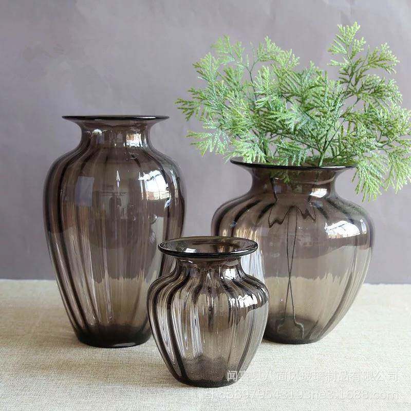 日式杂货莲花坛咖啡色蓝色玻璃花瓶客厅样板房装饰品插花摆件